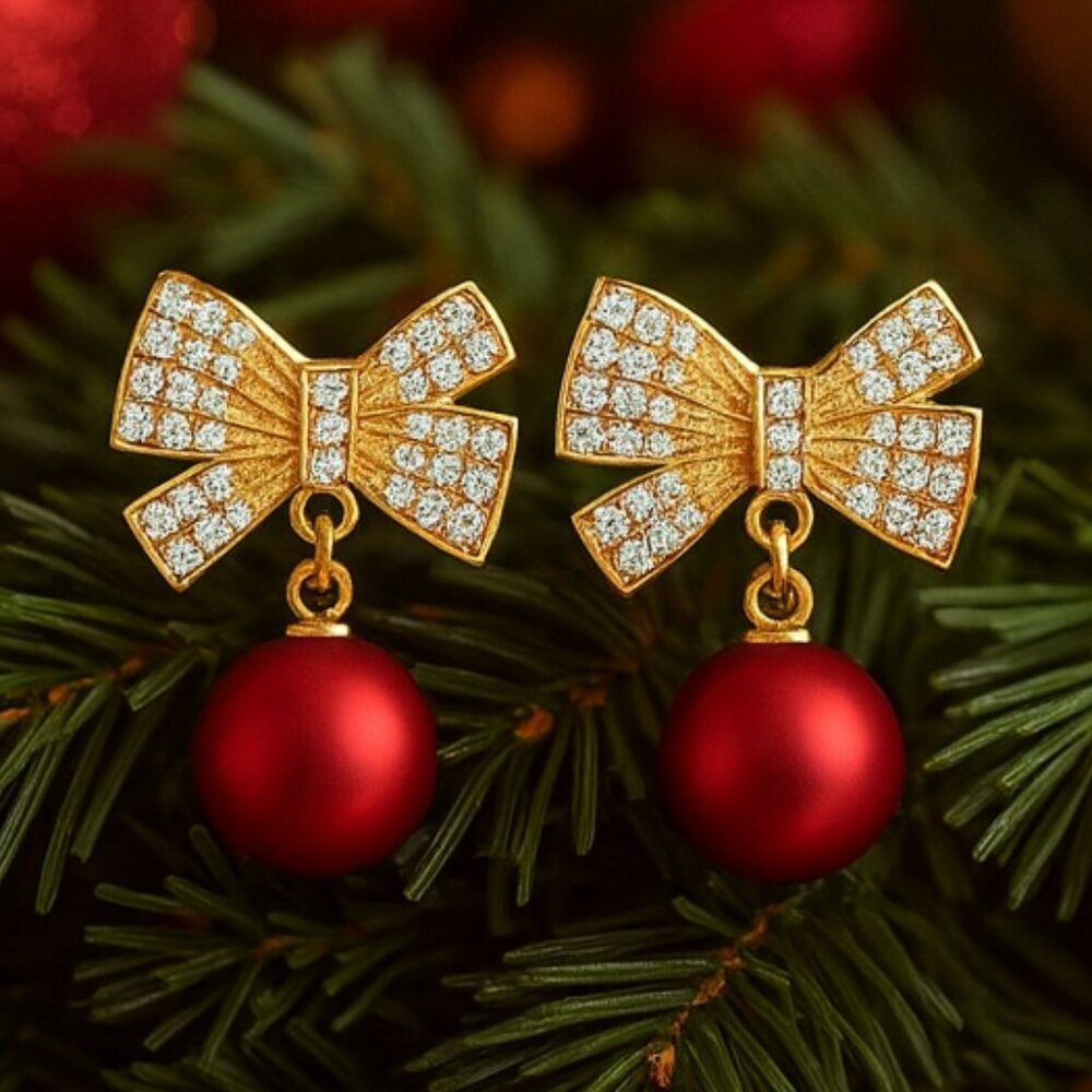 Holiday Red Christmas Bow Tie Earrings Sparkling Zircon Festive Jewelry Gift